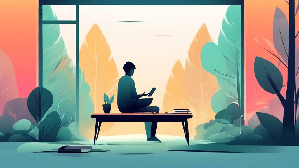 A serene and minimalist workspace with a smartphone and laptop locked in a drawer, while a person meditates beside a window overlooking a tranquil forest.