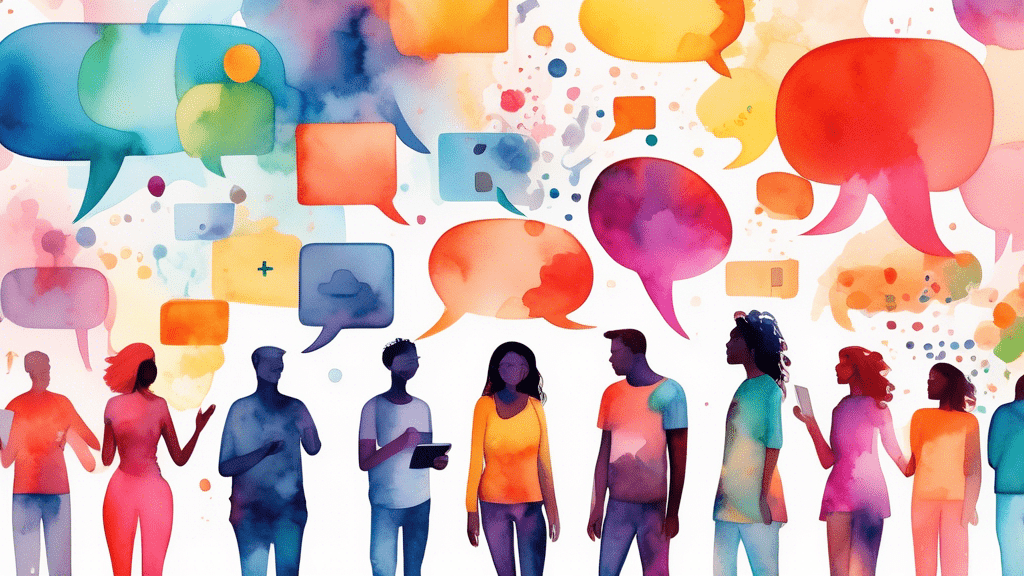 Digital watercolor painting of diverse people connecting and forming friendships over an abstract representation of social networking platforms, with floating chat bubbles and friend requests amidst a backdrop of a vibrant online community.