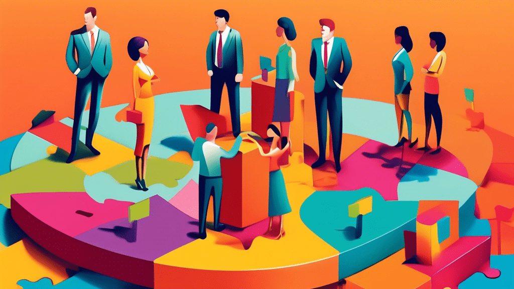 An illustrated scene of diverse small business owners standing on puzzle pieces that perfectly fit into a large target, symbolizing precise niche marketing strategies leading to targeted success.