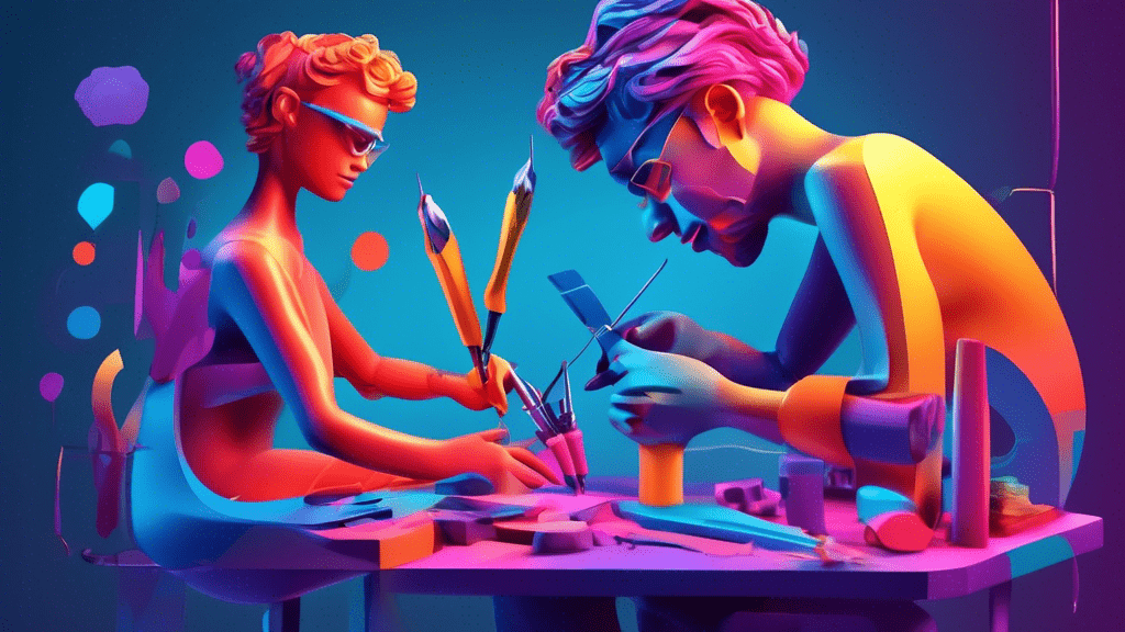 An artistic representation of a person sculpting their own digital avatar with tools on a social media app interface, symbolizing the creation and mastery of personal branding.