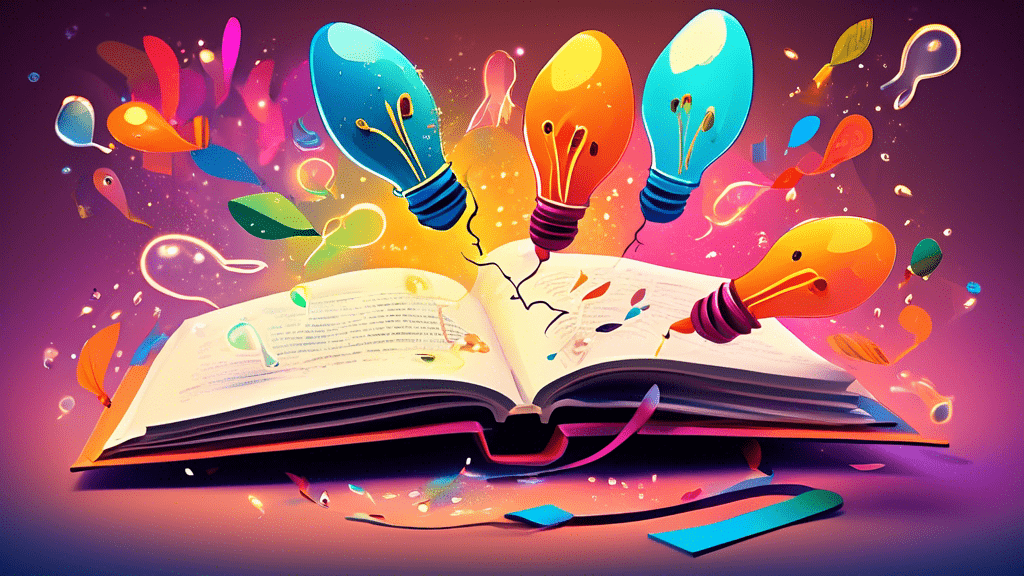 An animated quill pen dancing across an open book surrounded by floating light bulbs and colorful thought bubbles, with famous short story titles woven into the margins.