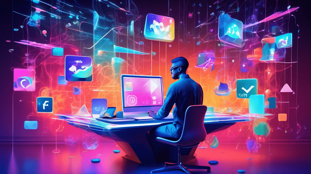 An imaginative digital painting of a person sitting at a futuristic desk surrounded by floating holograms representing various social media platforms, meticulously crafting engaging content, with a backdrop showcasing a soaring graph of increasing followers and engagement rates.