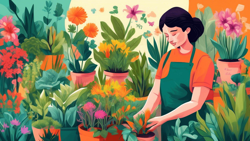 A digital painting of a gardener tenderly caring for plants with each plant labeled as different stages of a customer's journey, from awareness to loyalty, set in a vibrant, flourishing garden.