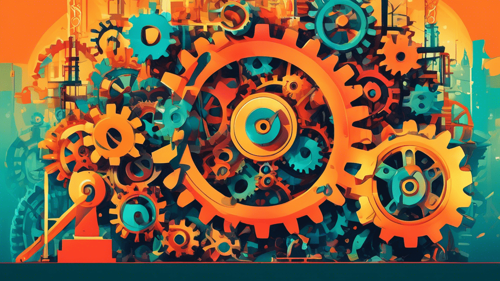 An intricate machine composed of gears and levers, artfully symbolizing the lead generation process, with diverse professionals from different industries working together to turn the gears, set against the backdrop of a digital global network.