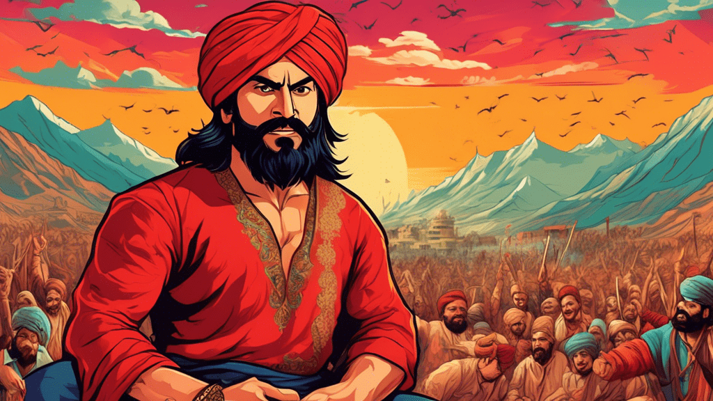Create an intricate illustration capturing the legendary hero Maula Jatt, surrounded by cinematic reviews and ratings, under a dramatic, ancient Punjabi landscape backdrop.