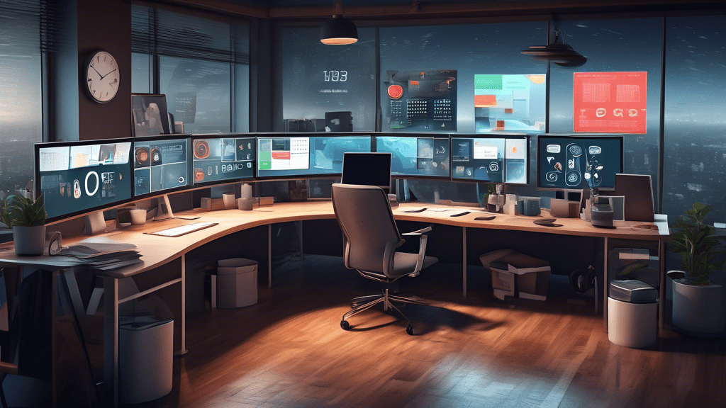 An imaginative workspace with multiple screens displaying cutting-edge productivity tools, surrounded by an aura of efficiency, with digital clocks and calendars subtly integrated into the background. Various productivity techniques such as time-blocking, the Pomodoro Technique, and task prioritization are illustrated through creative, visual metaphors in each corner of the image.