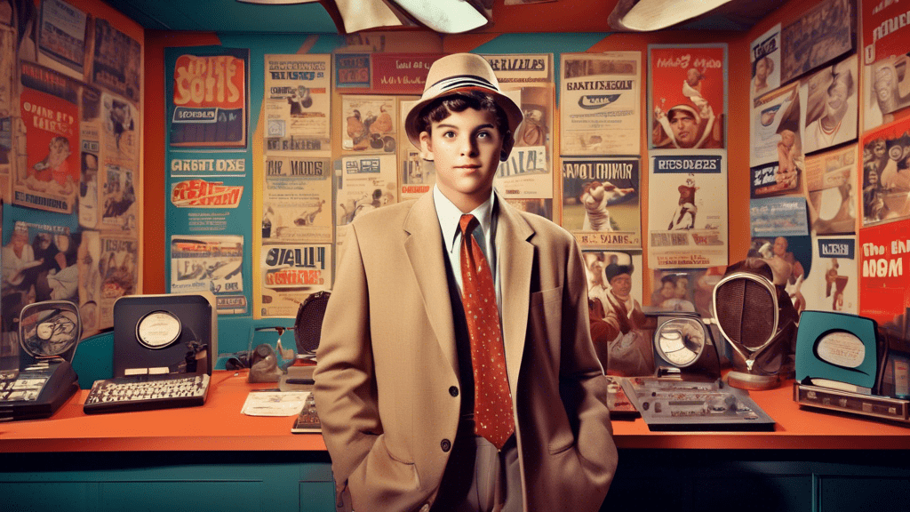 A young actor dressed as a retro sports commentator, standing in a vintage broadcast studio surrounded by FanDuel advertisements and old-school sports memorabilia.