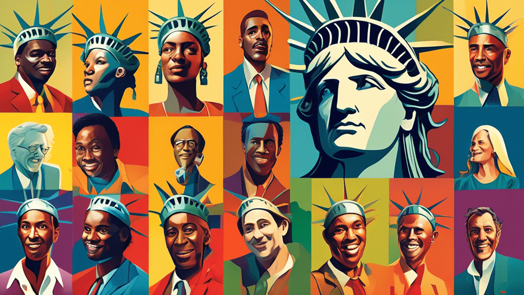 Colorful collage of various characters portrayed by the same actor in Liberty Mutual commercials, with the iconic Statue of Liberty in the background, symbolizing diversity and talent in advertising.