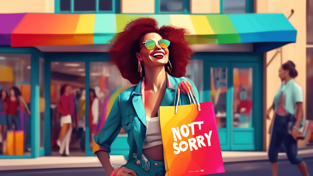 Portrait of a charismatic actress holding a colorful shopping bag with 'Sorry Not Sorry' written on it, in front of an Old Navy store, with joyful expression and trendy outfit, digital art
