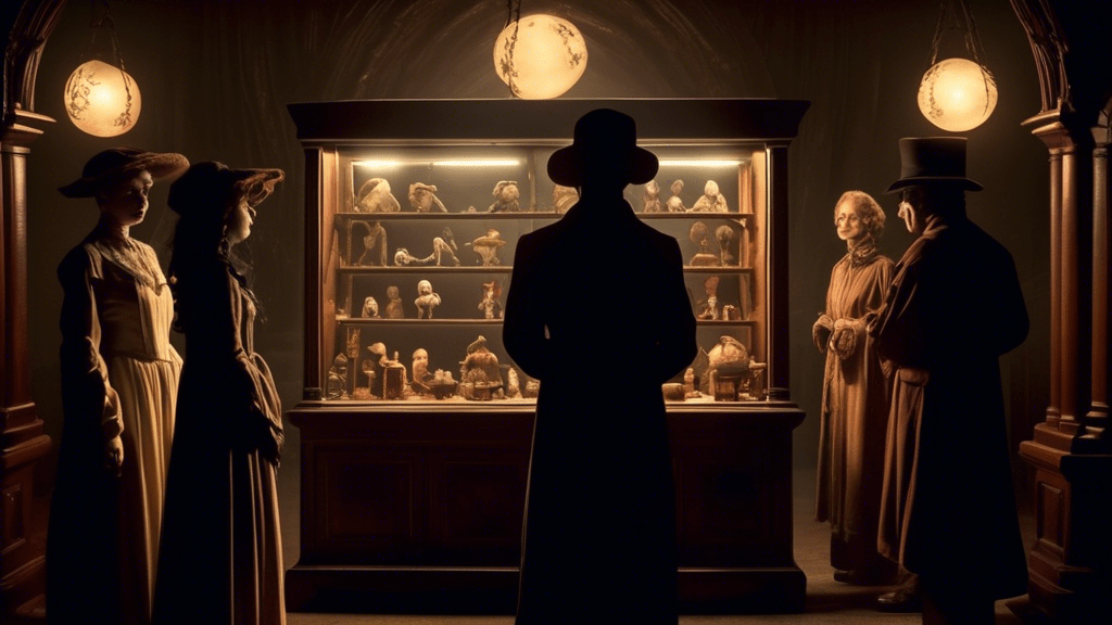 A mystical cabinet opening to reveal an array of strange and otherworldly objects, with silhouettes of the show's cast members in the foreground, illuminated by a dim, eerie light.