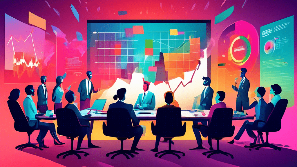 An illustrated scene of a boardroom meeting with marketers brainstorming, surrounded by giant meme images on the walls, with a digital screen displaying a graph of soaring brand success.