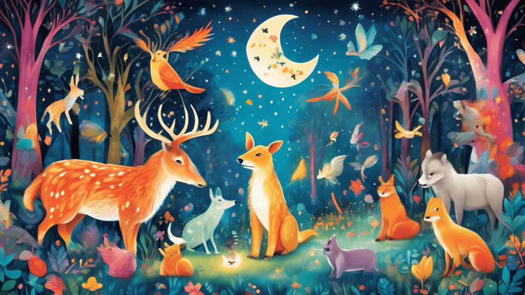 A magical illustration showcasing an array of mesmerizing animals starting with 'M' in a vibrant, enchanted forest setting, each animal engaging in whimsical activities under a starlit sky.