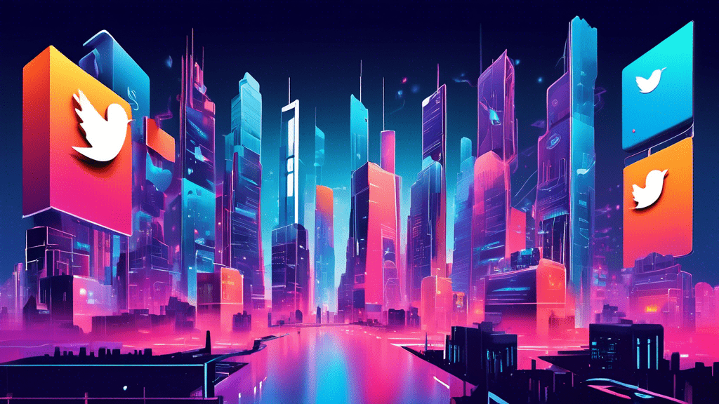 An illustration of a futuristic social media city with buildings shaped like the Meta logo and a giant billboard announcing the launch of a new Twitter competitor, under a digital sky.