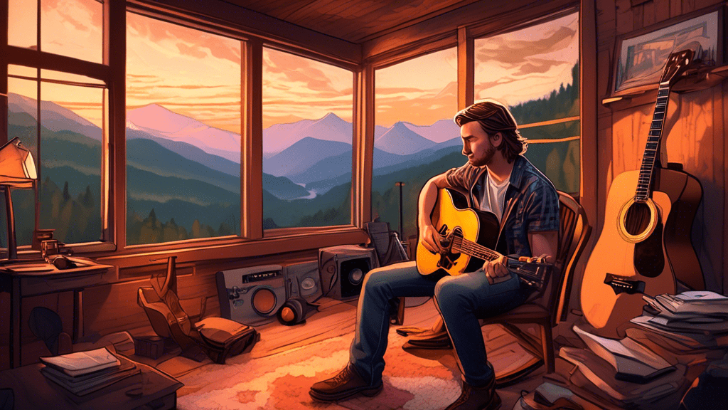 A cozy cabin studio filled with guitars, notebooks scattered around, and Morgan Wallen deep in thought, pen in hand, illuminated by a warm, soft light, surrounded by the serene beauty of the Tennessee mountains through the window, as he finds inspiration for his next song.