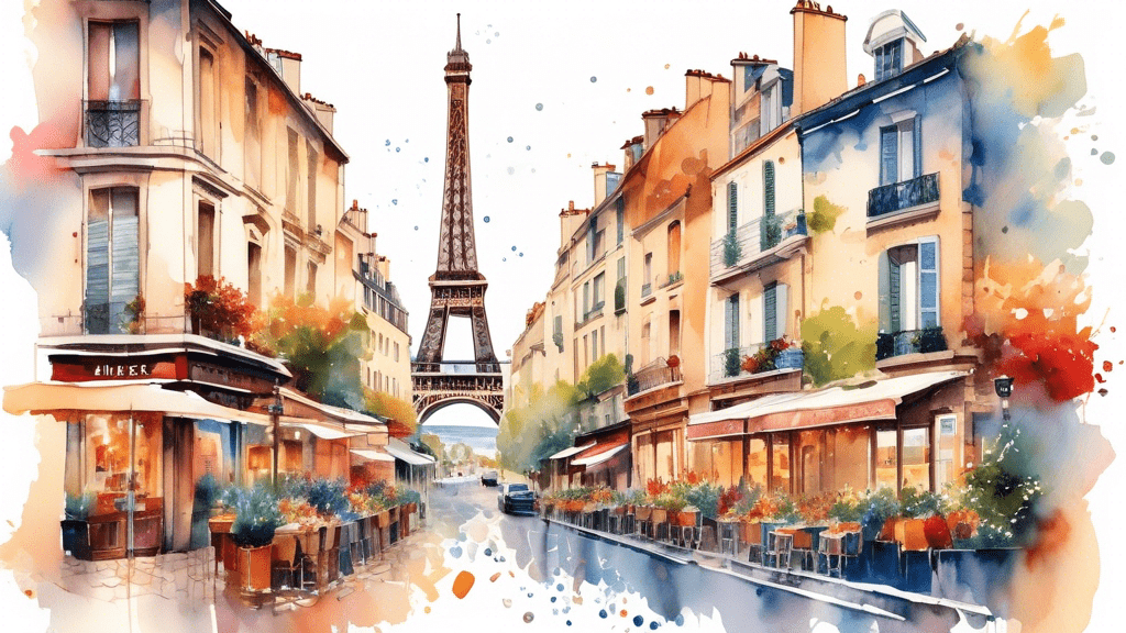 An elegant watercolor painting showcasing the iconic Eiffel Tower in Paris, charming cobblestone streets of Bordeaux, and the stunning coastline of Nice, combined in a captivating collage, capturing the essence of France's must-visit cities for a traveler's guide.