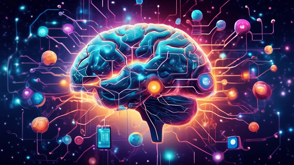 An illuminated human brain floating in a starry cosmos, surrounded by futuristic neurotech devices and interconnected digital networks, symbolizing the exploration and advancements in brain science.