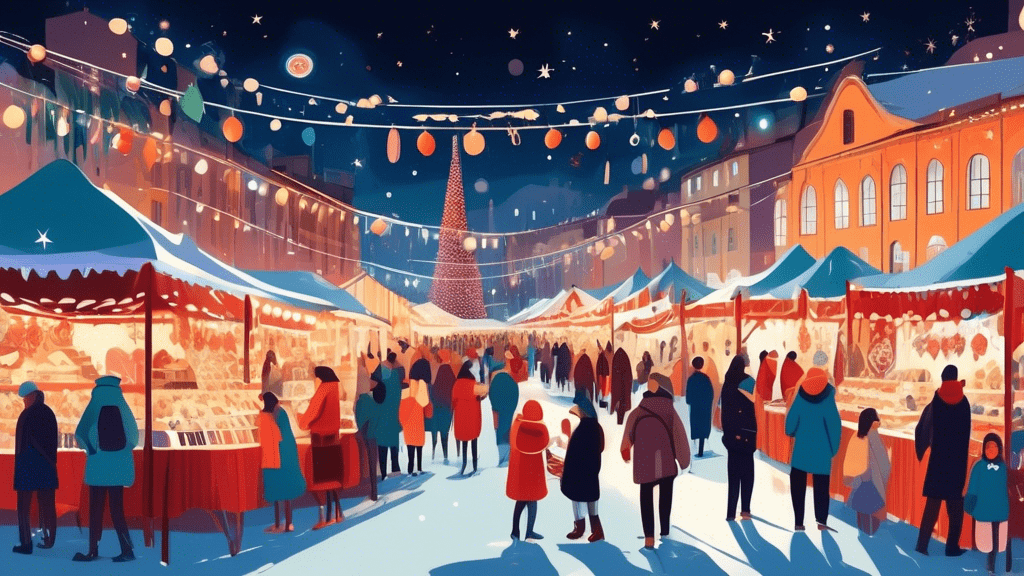 An enchanting winter night scene at the Oh Bej Oh Bej Fair in Milan, Italy, with colorful stalls, festive lights, and a bustling crowd of people enjoying traditional treats and crafts under the starry sky.