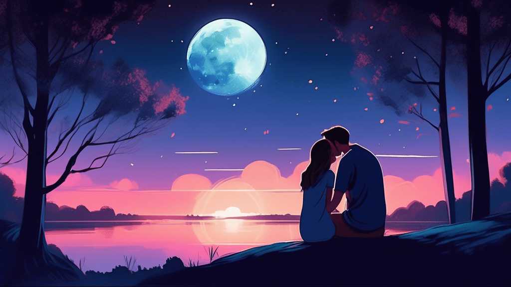 A poignant illustration of Owen whispering his final words into Hannah's ear under a luminous full moon, surrounded by a serene night-time landscape, capturing a moment of emotional farewell.