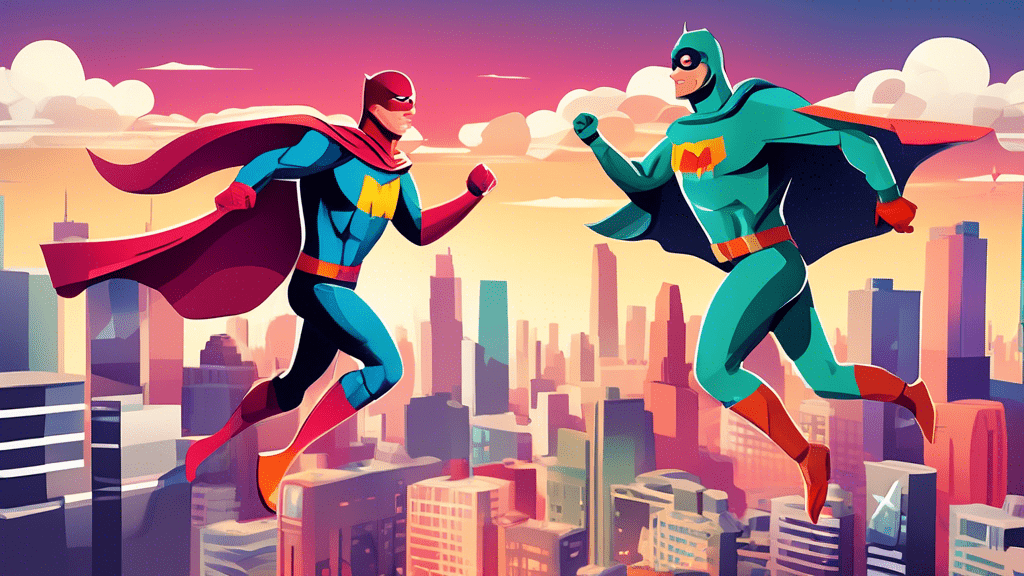 digital illustration of a PC and a Mac personified as two superheroes flying above a city, engaging in a friendly race to help computer users make the best choice