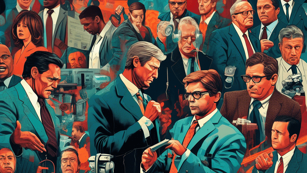 An intricate collage representing the true story behind 'Pain Hustlers,' featuring investigative journalists uncovering the scandal, courtroom drama with beleaguered lawyers and judges, against a backdrop of a pharmaceutical company's dark, corporate office.