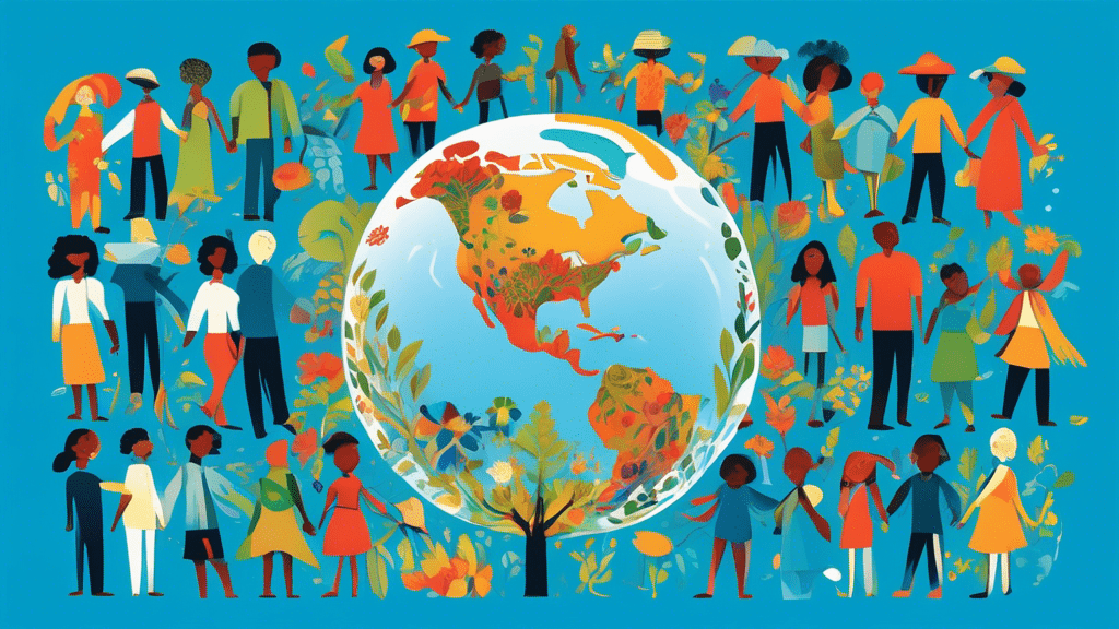 A vibrant globe surrounded by people of diverse backgrounds holding hands, with animals and plants thriving, under a clear, blue sky, illustrating unity in Earth conservation efforts.