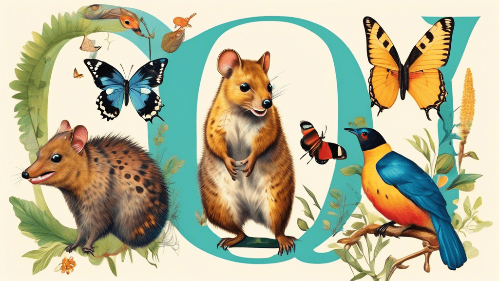 A vibrant, illustrated encyclopedia page showcasing a collection of quirky animals that start with the letter 'Q,' including a Quokka smiling, a Quoll leaping and a Queen Alexandra's birdwing butterfly.