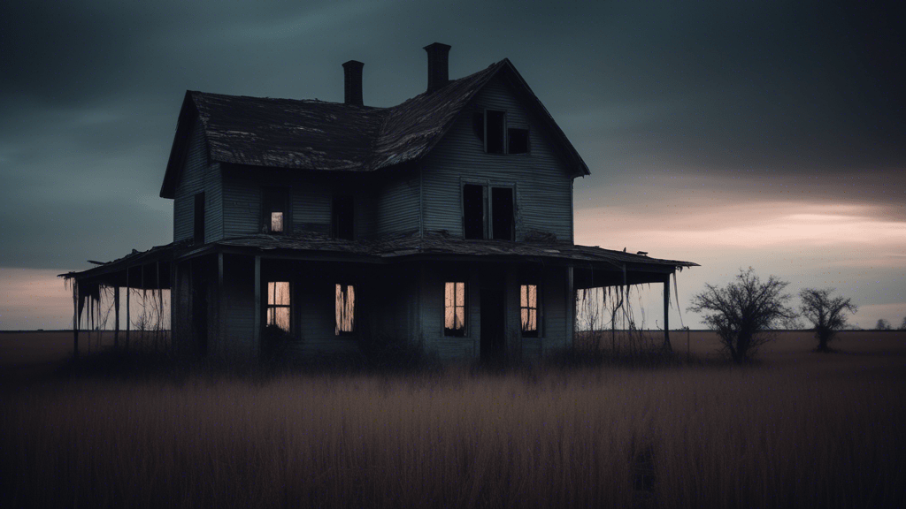 An eerie, abandoned farmhouse at dusk surrounded by desolate fields, with subtle hints of supernatural and sinister elements reminiscent of the real-life inspirations behind The Texas Chainsaw Massacre.
