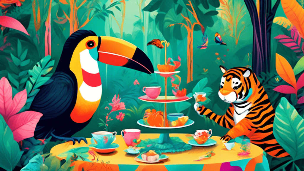 Create an enchanting illustration featuring a toucan, a tiger, and a turtle participating in a whimsical tea party in a lush, vibrant forest.