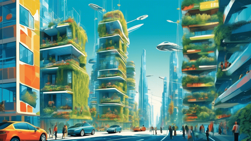 An eco-friendly futuristic cityscape, with vertical gardens, solar panels, and people commuting on electric vehicles, under a clear blue sky, symbolizing revolutionary innovations in sustainable living.