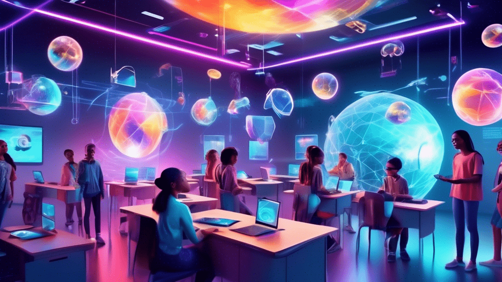 A futuristic classroom filled with diverse students engaging with interactive holographic projections and virtual reality headsets, showcasing advanced technology in education.