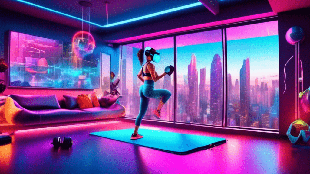 An ultra-modern living room transformed into a high-tech home gym, with virtual reality fitness classes in progress, smart workout equipment, and a futuristic cityscape visible through the window.