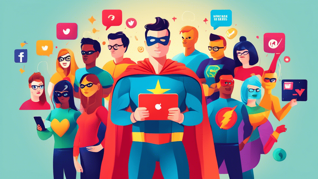 Digital illustration of a community manager as a superhero, juggling various social media icons, standing in the middle of a vibrant online forum with diverse avatars representing the community members around them.
