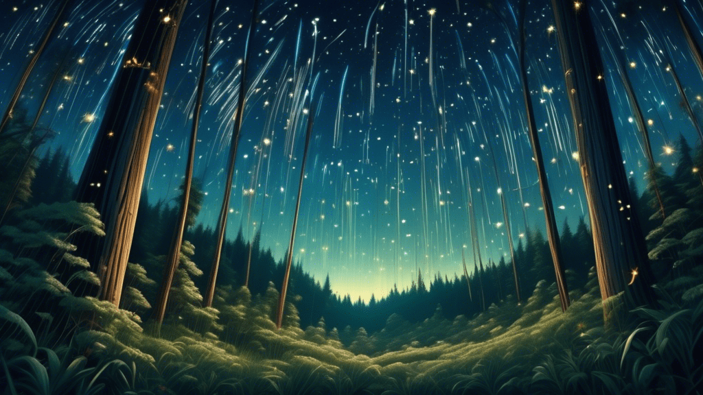 A majestic night sky filled with numerous shooting stars over a serene forest, with translucent scrolls unfurling in the foreground revealing myths and scientific explanations.