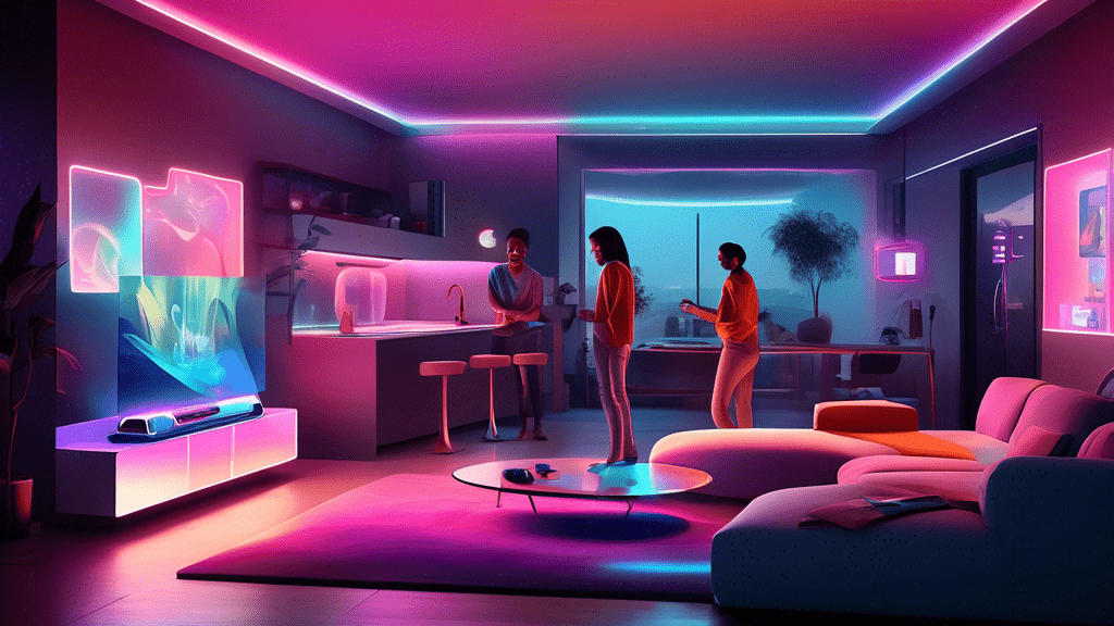 A sleek, modern living room in 2024, illuminated by ambient smart lighting, featuring a family interacting with various cutting-edge smart home gadgets like a voice-controlled entertainment system, a holographic assistant, and an AI-powered kitchen that cooks by itself, all seamlessly integrated for an effortless and futuristic living experience.