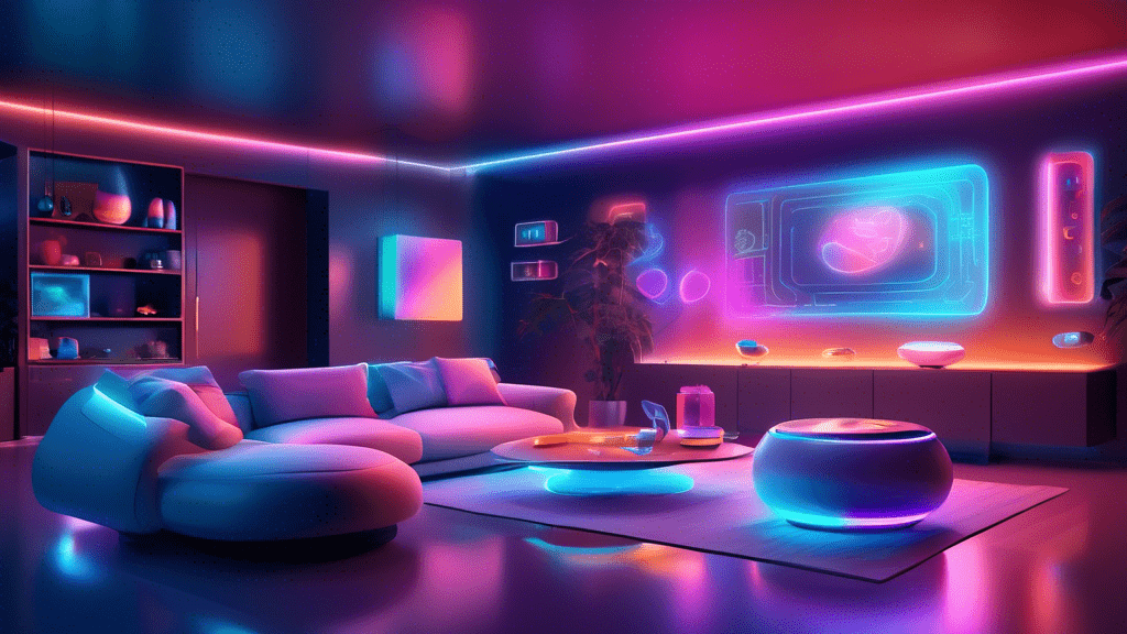 A sleek, futuristic living room in 2024, showcasing a variety of smart home gadgets including an AI assistant, smart lighting, and a next-gen smart thermostat, all seamlessly integrated and controlled by a holographic interface.