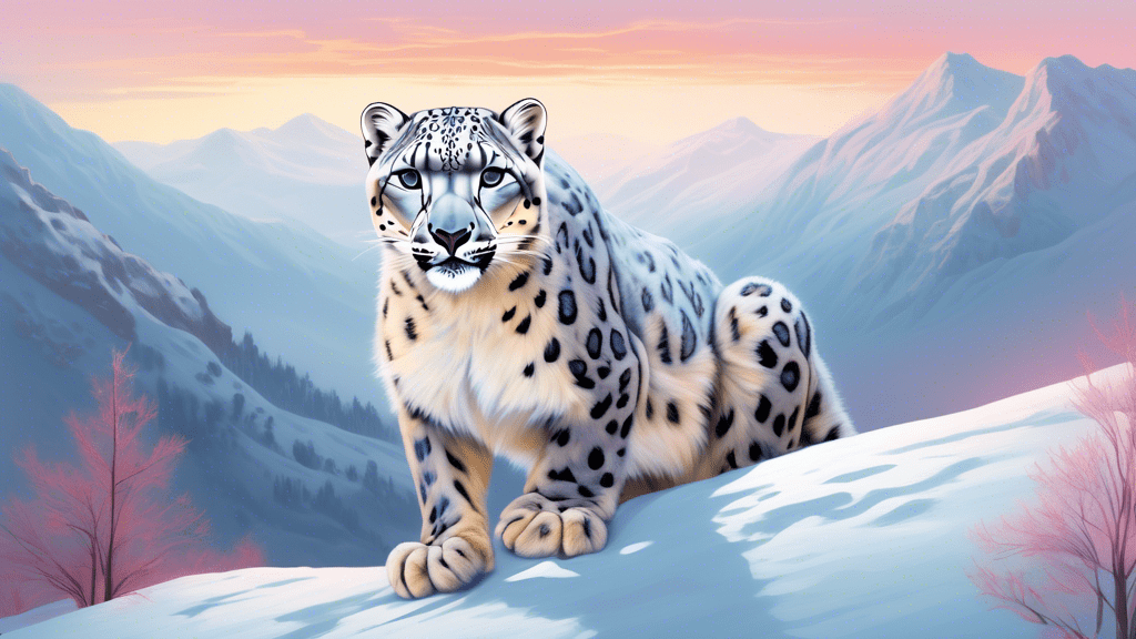 Create an ethereal image of a snow leopard blending seamlessly into a snow-covered mountain landscape, under a pale dawn sky, embodying the essence of a ghostly apparition in the wilderness.