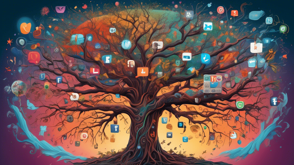 An intricate digital painting showcasing a tree with branches morphing into various social media icons, each branch sprouting smaller branches illustrating diverse cultural symbols, all against a backdrop of a planet transitioning from ancient to modern times.