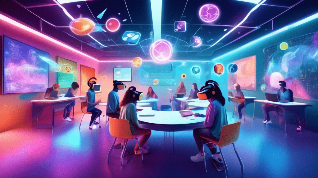An illustration of a futuristic classroom where students are learning through virtual reality, with social media apps floating around as holograms, signifying their integration in education.