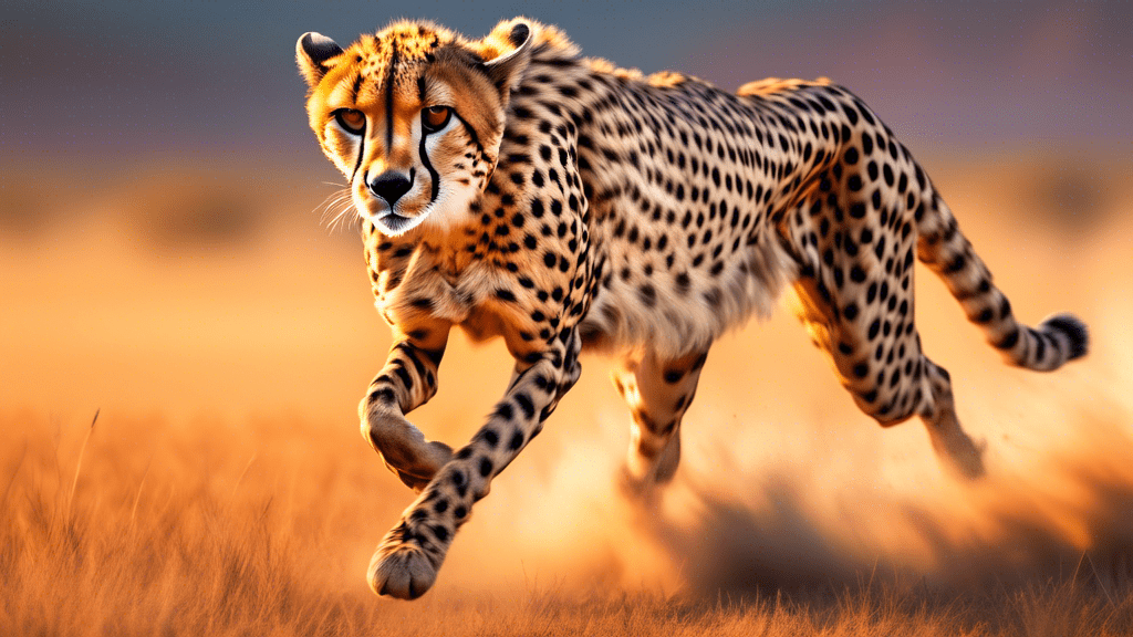 An awe-inspiring image of a cheetah sprinting across the African savannah at sunset, with a detailed focus on its muscular build and intense eyes, embodying the essence of speed and survival.