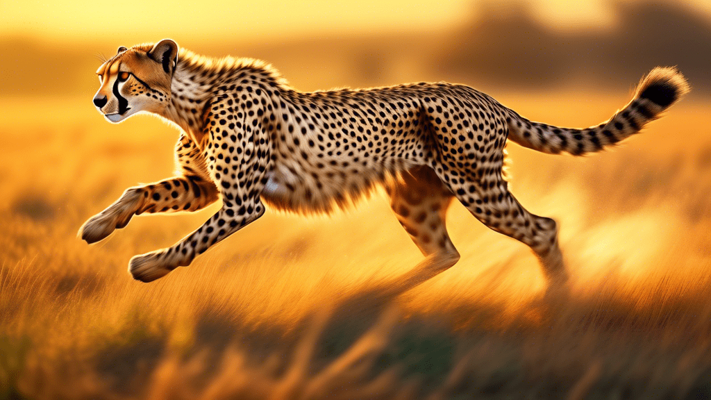A majestic cheetah sprinting across the Savannah at sunset, its powerful muscles highlighted by the golden light, while a blur of green and yellow grasses stretch out behind it, conveying a sense of incredible speed and grace.