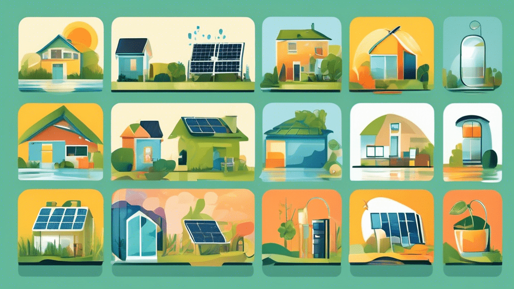 An illustrated guide featuring 10 simple hack icons for a more sustainable lifestyle in 2024, creatively integrating elements like solar panels, rainwater harvesting systems, and zero waste products, all seamlessly blended into a harmonious, eco-friendly home setting.