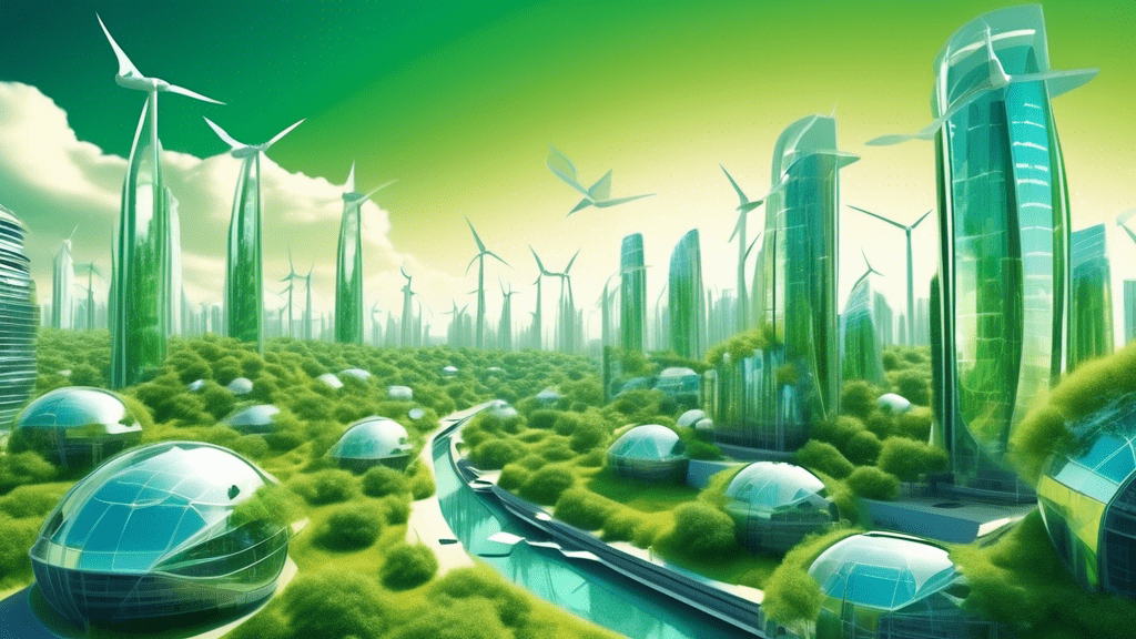 An image of futuristic city with buildings powered by green energy solutions, including solar panels, wind turbines, and green roofs, under a clear sky, showcasing a harmony between technology and nature.