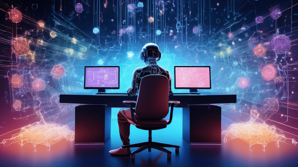 An illustration of a person sitting at a futuristic computer workstation, surrounded by holographic displays of quantum particles and physics equations, with advanced robotic arms manipulating a particle accelerator in the background, symbolizing the interconnectedness of technology and physics.