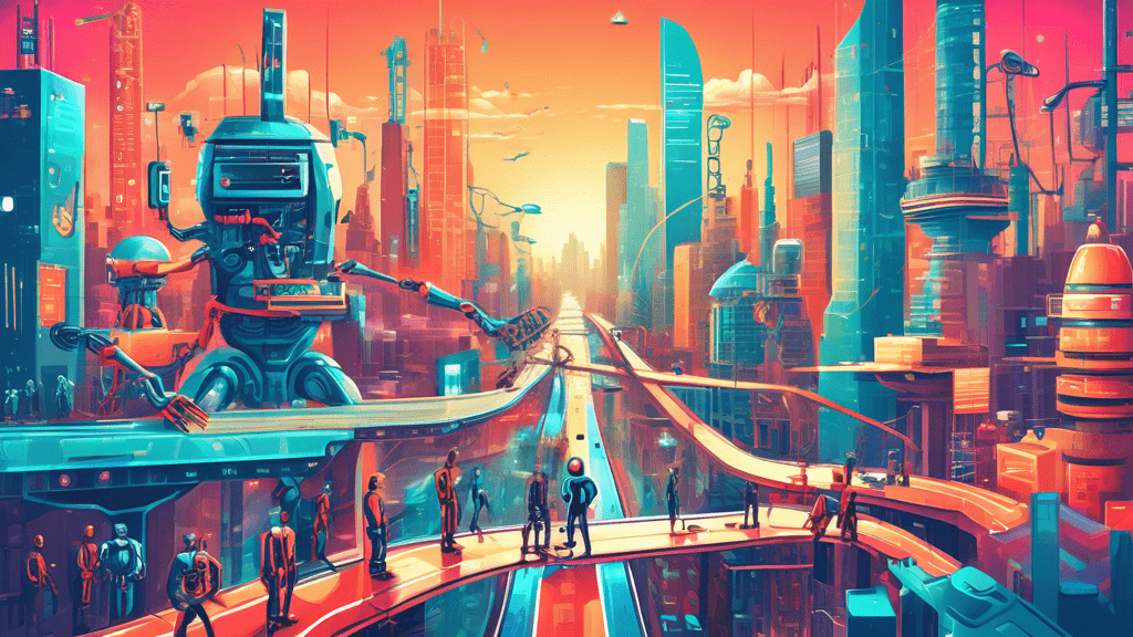 A futuristic cityscape where humans and robots are working together, with paths diverging into various careers in technology, including coding, robotics, and AI development, underscoring the evolution of employment opportunities.