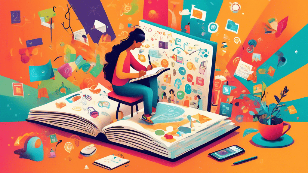 A creative and colorful illustration of a person writing on a giant book with icons representing different blogging benefits such as global reach, community building, and income generation floating around them, symbolized in a whimsical and engaging digital environment.