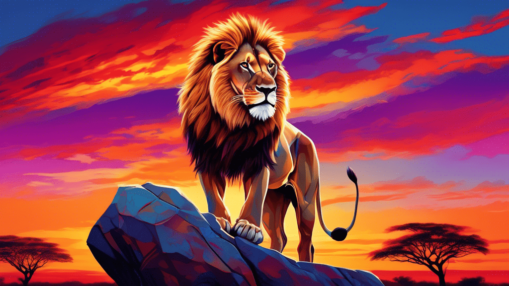 An awe-inspiring African lion standing proudly on a large rock with a vibrant sunset background, overlooking the vast savannah teeming with wildlife, under a clear sky.
