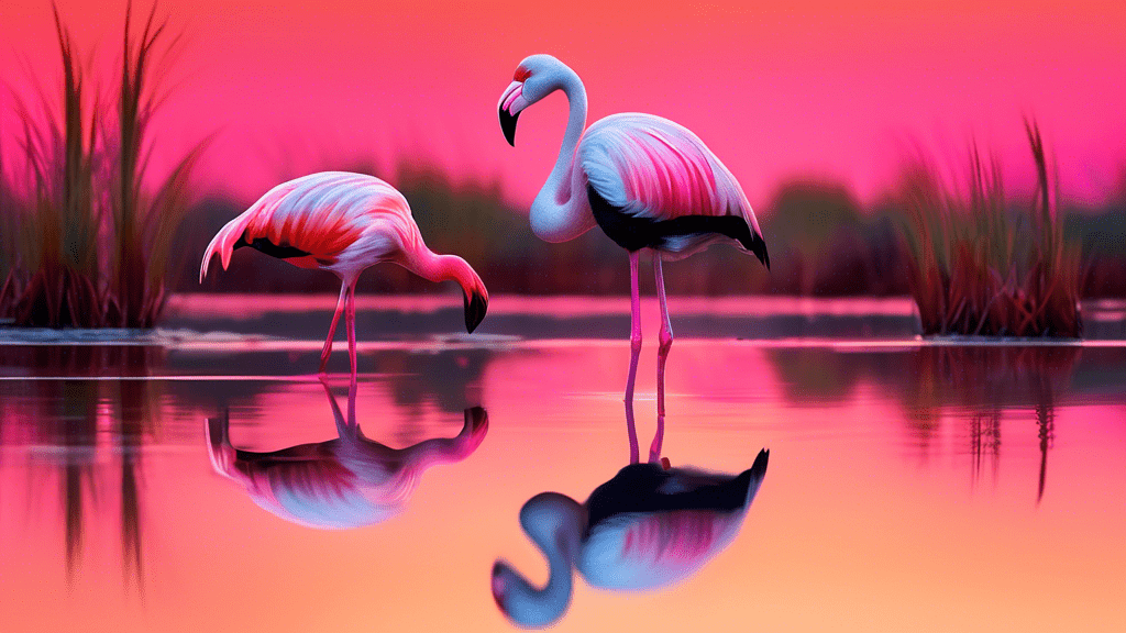 An elegant American Flamingo wading through vibrant wetlands with streaks of pink reflecting on the water surface at sunset.