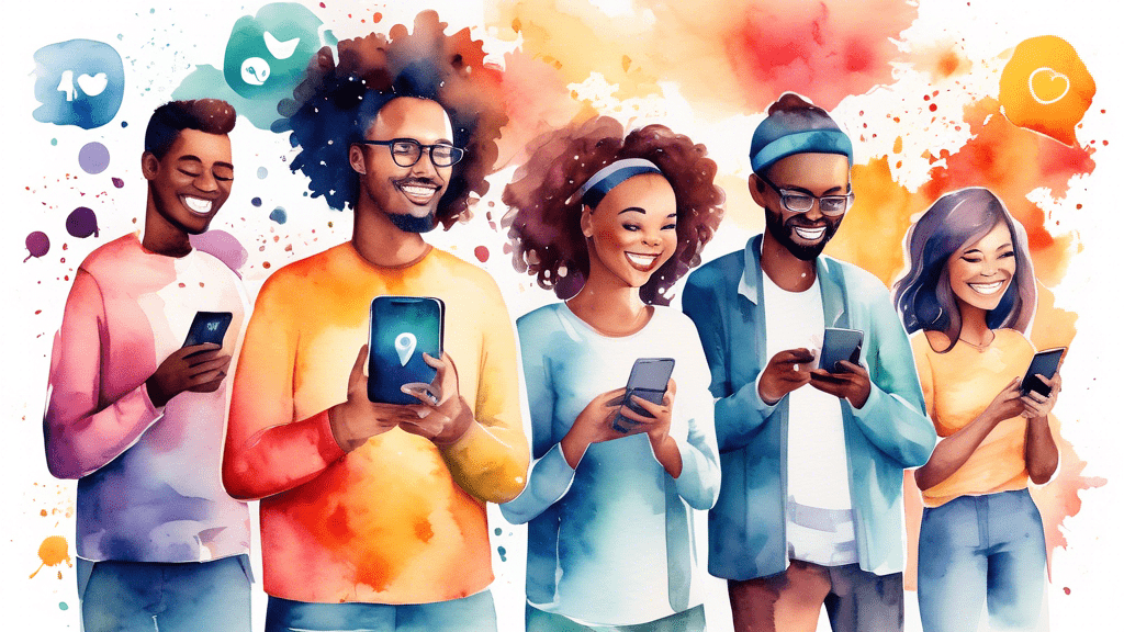 Digital watercolor illustration of diverse people smiling and connecting through their smartphones and computers, surrounded by social media icons, symbolizing community and positivity.