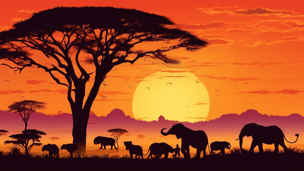 A breathtaking sunrise over the African savannah, showcasing the silhouettes of the Big Five - a lion, elephant, buffalo, leopard, and rhinoceros - standing atop a hill, with acacia trees in the background.