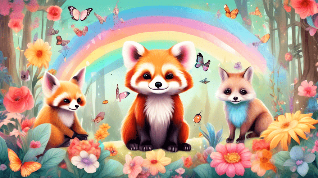 A digital art montage of the world's cutest animals including a red panda, a Fennec fox, a Quokka, and a Pygmy goat, all surrounded by pastel-colored flowers and butterflies, set in a whimsical fairytale forest under a soft, glowing rainbow.